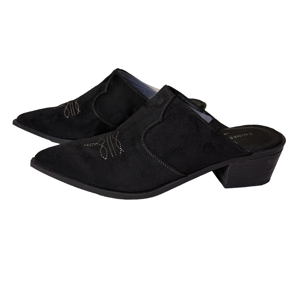 Chinese Laundry Mesa Western Mules Size 8 Black Suede Block Heel Square Toe Chic